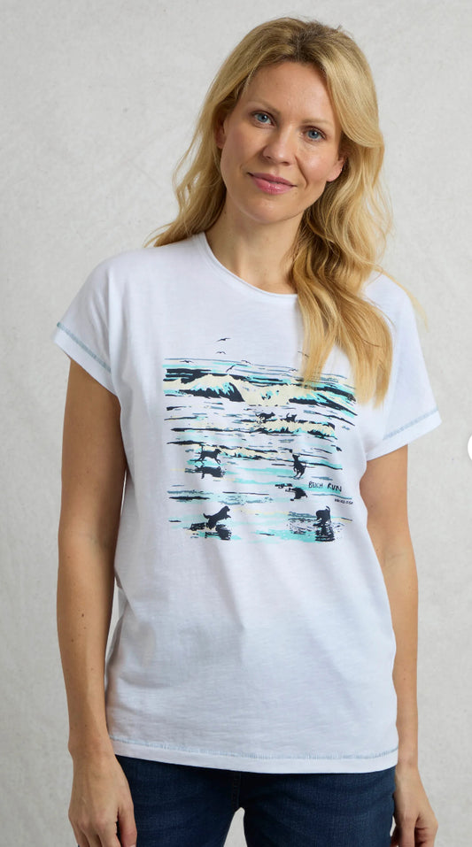 Beach Run Organic Cotton Front Print Graphic T-Shirt White