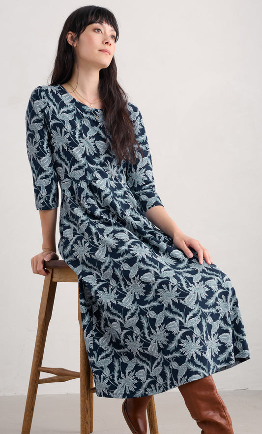 VERONICA DRESS WOODCUT THISTLE MARITIME