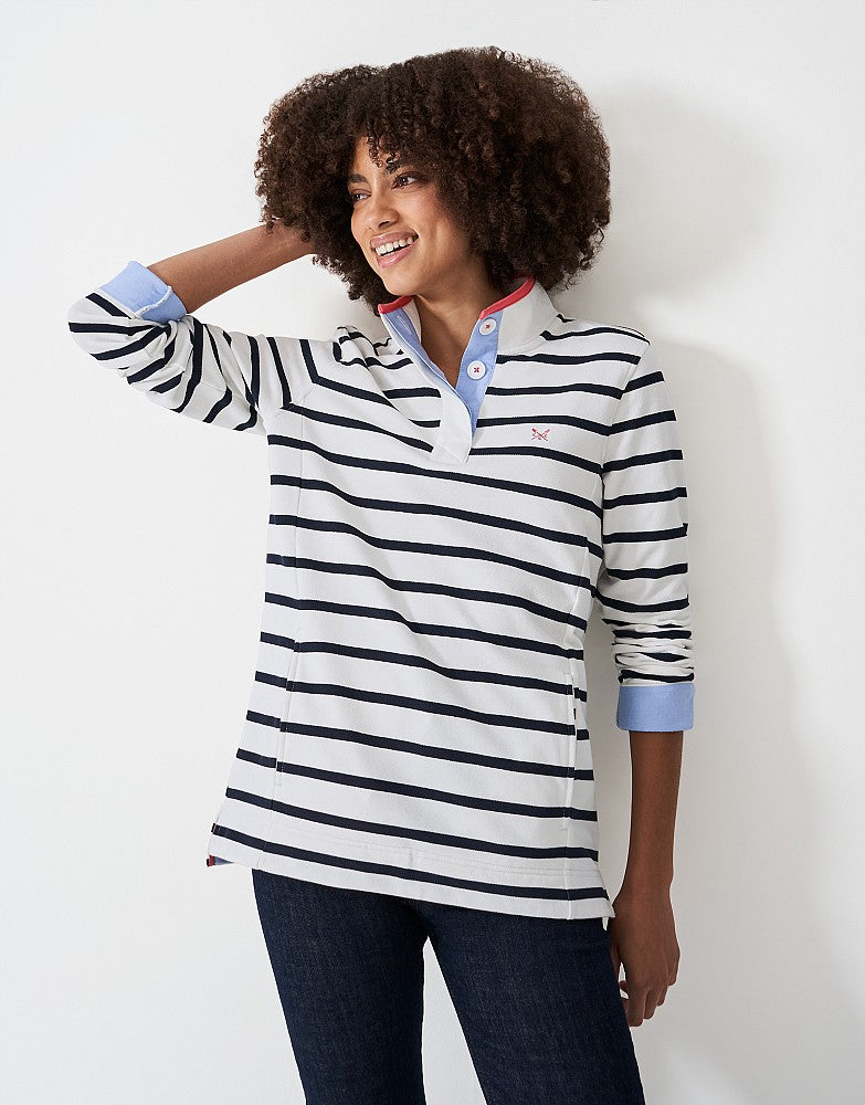 Padstow Pique Breton Stripe Sweatshirt  White Blue Stripe